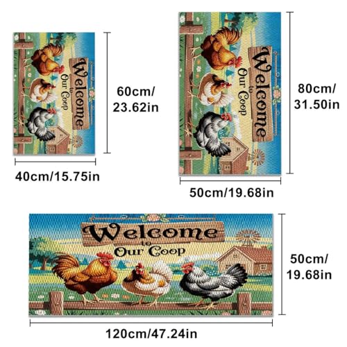 Farmhouse Kitchen Rugs Set of 3, Non Slip Washable Durable Stain Resistant Floor Mat Set,Welcome to Our Coop Pattern Warm Home Decoration,Rooster Welcome Kitchen Runner Rug 16"X24"+20"X32"+20"X47" - color: Multicolour-welcome to Our Coop