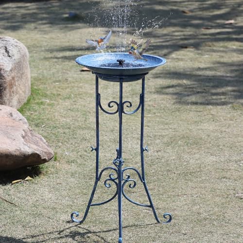 Multifunctional Solar Bird Bath, Solar Powered Bird Bath Fountain | Metal Birdbath Stand and Solar Fountain Bird Bath Bubbler Combo Set,High-efficiency solar panels（Blue） - color: Blue