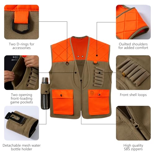 BASSDASH Upland Game Field Water-Resistant Bird Hunting Vest with Multi Pockets Men Women FV11 - color: Dark Khaki/Blaze Orange, size: Medium