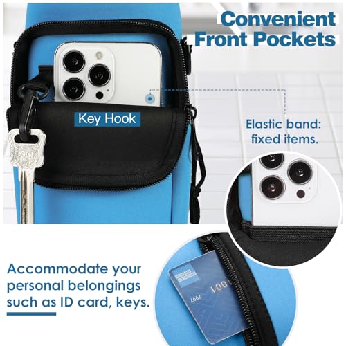 Nuovoware Water Bottle Carrier Bag, 25oz/32oz Bottle Pouch Holder, Adjustable Shoulder Hand Strap 2 Pocket Sling Neoprene Sleeve Sports Accessories for Hiking Travelling Camping, Azure Blue | Adjustable Shoulder Hand Strap, 2 Pocket, Neoprene Sleeve, For