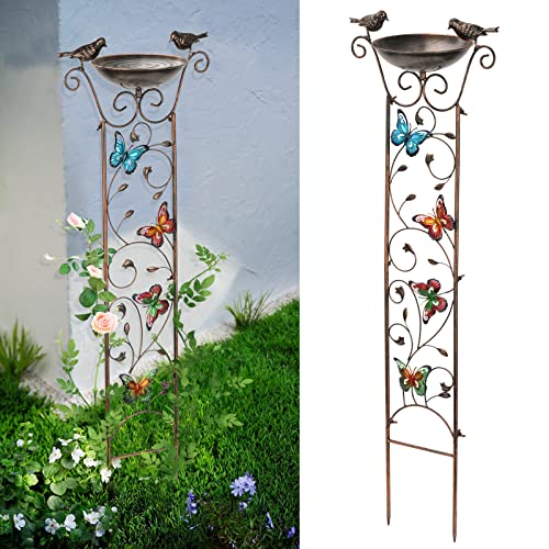 SUNNYPARK 43.5 Inch Metal Bird Bath Bowl with Garden Trellis Outdoor | Easy install, Garden birdbath and Plants Trellis 2 in 1, Decorative with Butterflies, Functional Decor for Yard Patio Lawn - size: Butterfly