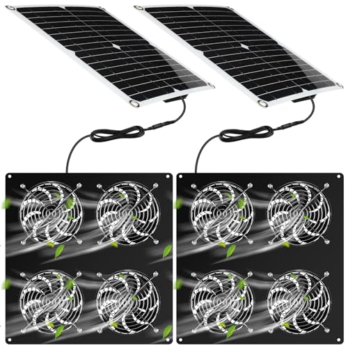 Rossesay 2 Set Solar Panel Fan Kit with 4 Fans 12w USB Weatherproof Solar Exhaust Fan Outdoor Solar Greenhouse Fan Portable Chicken Coop Fan, Metal Shell for Sheds, Attic, Pet Houses, Window Exhaust