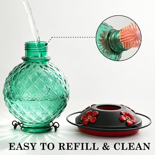 25 OZ Glass Hummingbird Feeder for Outdoors, Leak Proof Hummingbird Feeder with Ant Moat, 4 Bee Resistant Feeding Ports, Easy Clean Wide Mouth Design, Hanging Nectar Feeder, Green - color: Green - 25oz
