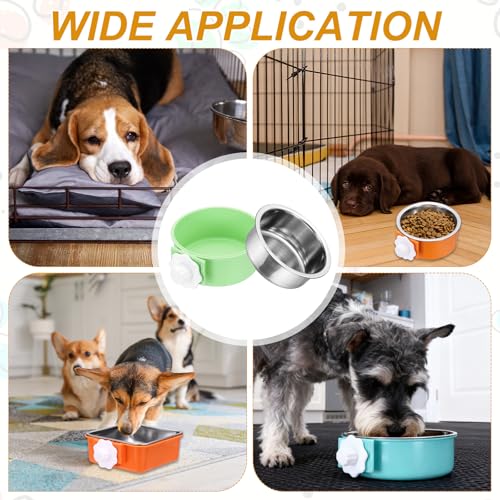 Crate Dog Bowl, Removable Stainless Steel Pet Cage Hanging Anti-Overturn Food Water Feeder Cage Cup (Round, Green, 13.2oz), Intended for Puppies/Cat/Rabbit/Bird - color: Green, size: 5.1"(13.2oz)