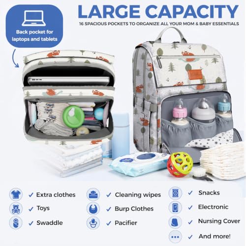 Baby Diaper Bag Backpack - Baby Bag for Boys & Girls, Toddler Backpack, Large Capacity Travel Diaper Bags w/Changing Pad, Waterproof Diaper Backpack - Best Shower Gifts for Boys - Baby Stuff - color: M. Little Fox, style: Classic