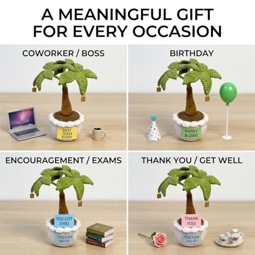Emotional Support Crochet Money Tree with Sticky Notes Roll, Handmade Positive Desk Decor Plant with “Good Luck” Charms, 7 Inch Mini Office Home Ornament, Encouragement Gift for Coworkers, Friends