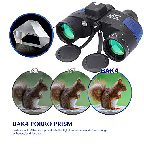 AOMEKIE 7x50 Waterproof Marine Binoculars for Adults with Rangefinder Compass BAK4 Prism FMC Lens for Birdwatching Hunting Boating Fishing Water Sports(Blue) - color: Blue
