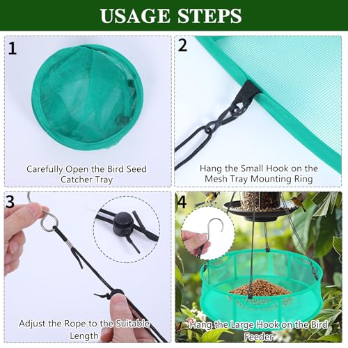 2 Pcs Bird Seed Catcher Trays, 16 Inch Green Spill Guard Platform for Hanging Feeders, Windproof Mesh Seed Hoop with Hooks, Outdoor Feeder Accessory