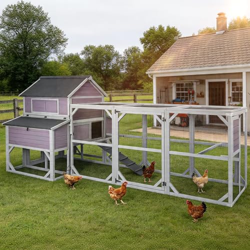 Large Chicken Coop with Run for 8-10 Chickens, Wooden Outdoor Hen House with 3-Section Nesting Box, Walk-in Poultry Cage, Pull-Out Metal Tray, Multiple Perches, Secure Ventilated Design