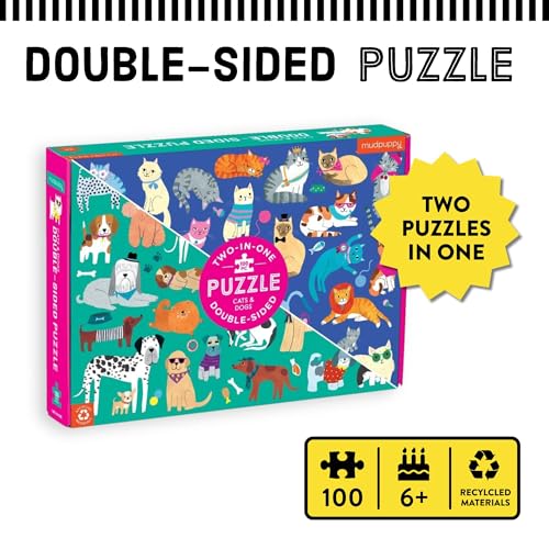 Mudpuppy Cats and Dogs Double-Sided Puzzle, 100 Pieces, 22”x16.5” – Perfect Family Puzzle for Ages 6+ - Colorful Illustrations of Dogs on One Side and Cats on the Other – Two Fun Puzzles in One Box - style: Cats & Dogs