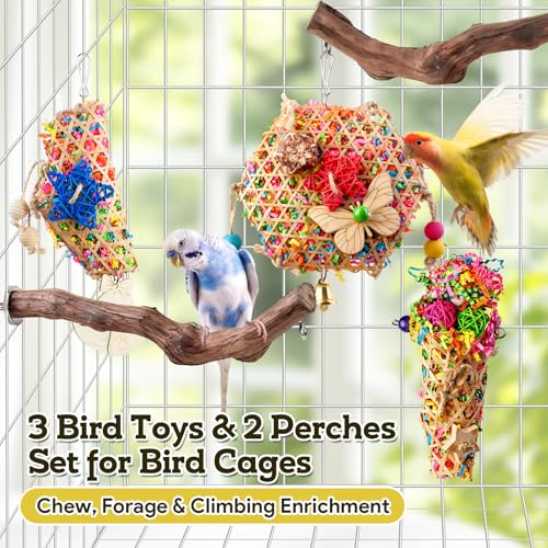 Bird Toys, Parakeet Foraging Toys, Hanging Chewing Toys with Natural Wooden Perches, Bird Cage Accessories, Suitable for Parakeets, Cockatiels, Budgies, Lovebirds & More - color: 5 pieces bamboo