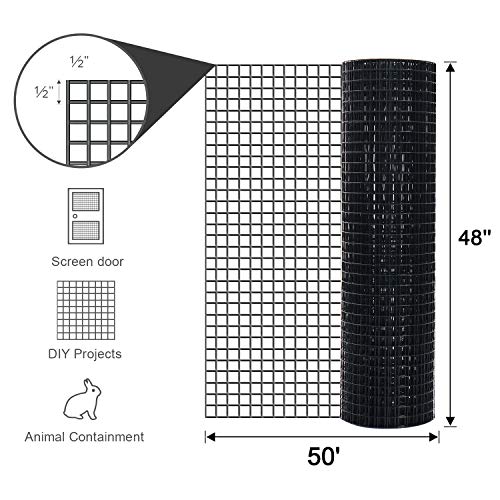 48'' x 50' 1/2inch Hardware Cloth 19 Gauge Black Vinyl Coated Welded Fence Mesh for Home and Garden Fence and Home Improvement Project - size: 48'' x 50'-19 Gauge