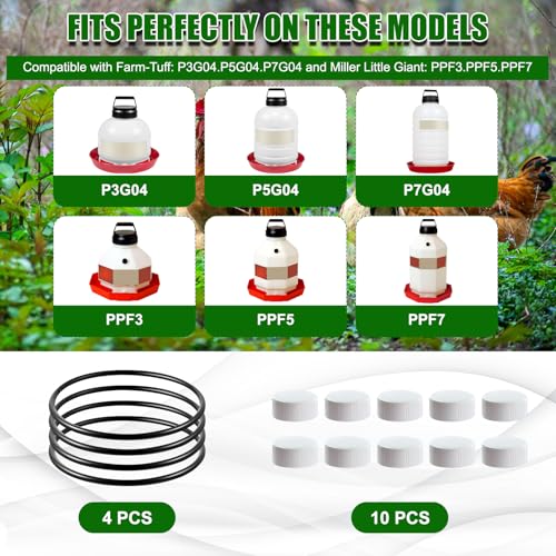 Plastic Poultry Waterer Replacement Parts Kit | 10 Caps & 4 O-Rings, Compatible with Miller, Little Giant PPF & Farm-Tuff 3/5/7 Gallon Poultry Founts (White) - color: White