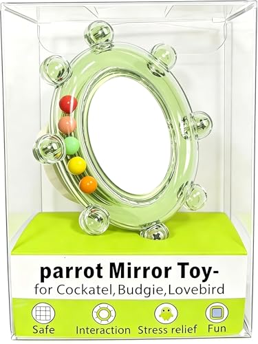 2Pcs Bird Mirror Toys with HD Mirror & Spinner Rattle, Rotating Budgie Enrichment Toy with Rustling Beads, Safe Smooth Edge Bird Cage Toy, Flexible Mounting for Parakeet, Cockatiel & All Small Birds