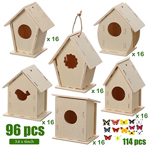 Kisston 210 Pcs DIY Birdhouse Kits for Kids Ages 5-8, 8-12, 96 Wooden Bird Houses Kit in 6 Shapes and 114 Stereoscopic Butterfly Sticker for Children Craft Class Activity Art DIY Project