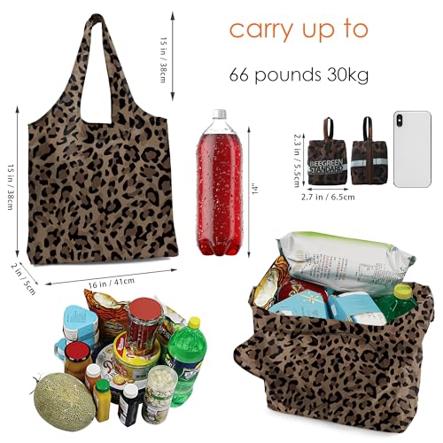 BeeGreen Reusable Grocery Shopping Bag -Travel Tote Bag - Foldable Compact Sturdy Bags - color: Brown Leopard, style: Standard Extra Large