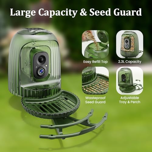 HIXX x COOLFLY Bird Feeder with Camera Solar Powered, Free AI Bird ID | 2.5K UHD, Auto Capture Recording Videos, Instant Alerts, Solar Night Light, Seed Guard Tray, Wall/Tree Mount/Freestanding - color: MultiColorLight