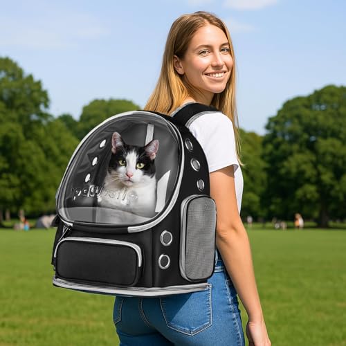 Cat Backpack Carrier with Large Space Bubble Window, Airline Approved Breathable Pet Carrier for Small Dogs Cats up to 15lbs, Foldable for Travel Hiking & Outdoor Use - color: Black