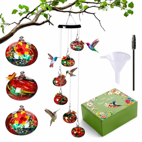 Humming Bird Feeders for Outdoors, Ant Proof Hummingbird Feeder, Weather Resistant Hummingbird Feeder Glass, No Leak Humming Bird Feeder Glasses, Bebedero para Colibri, 6 Hand-Blown Glass Ports