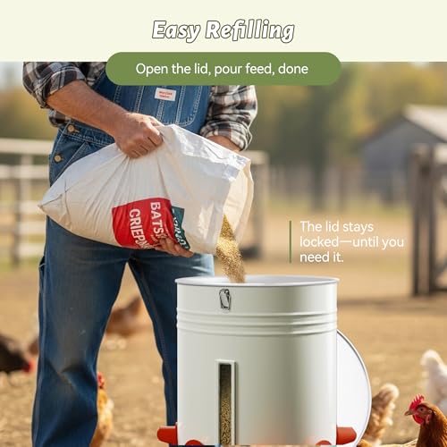 KOL 50 LB Chicken Feeder & 3 Gallon Chicken Waterer Set, All-Metal No-Waste Poultry Feeder & Automatic Gravity Waterer with 8 Ports & 8 Cups Chicken Coop Accessories