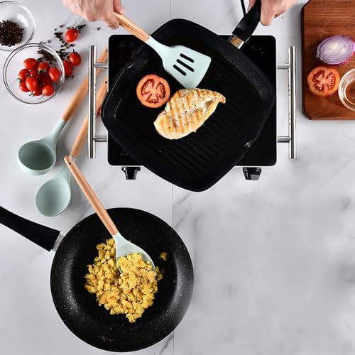 Kitchen Utensils Set, 5 Pcs Non-Stick Silicone Kitchen Cooking Utensils with Wooden Handle, Kitchen Spatula Cookware Utensils Set, Heat Resistant Silicone Kitchen Gadgets (Light Green) - color: 5 PCS Set Light Green