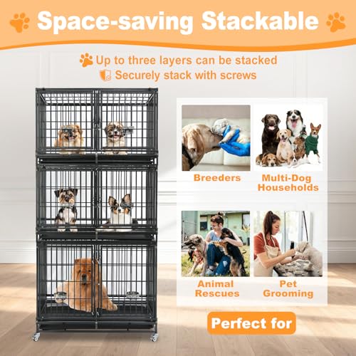 Homey Pet Taller 43" Two Tiers Dog Crate Cage Kennel with Divider, 3 Pack | Commercial Modular Dog Kennel with Dual Front Doors, Divider, Auto Locks, Removable Tray, Bowls for Small and Medium Dogs - size: 43"L - 2 Tiers - 3 Pack