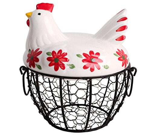 Kitchen Storage Metal Wire Egg Basket with Ceramic Farm Chicken Cover Fresh Egg Holder/Organizer Case/Container - color: red with black basket