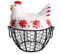 Kitchen Storage Metal Wire Egg Basket with Ceramic Farm Chicken Cover Fresh Egg Holder/Organizer Case/Container - color: red with black basket