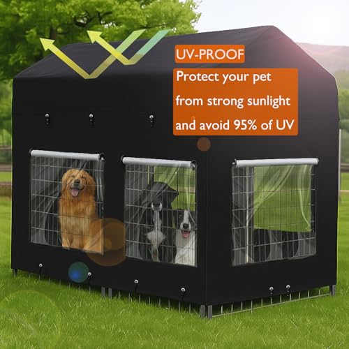 Outdoor Dog Kennel Cover 8'Dx4'Wx6'H Full Coverage Kennel Cover Large Windproof,Waterproof with Transparent Windows and Elastic Ropes - color: 8'Dx4'W（full cover）