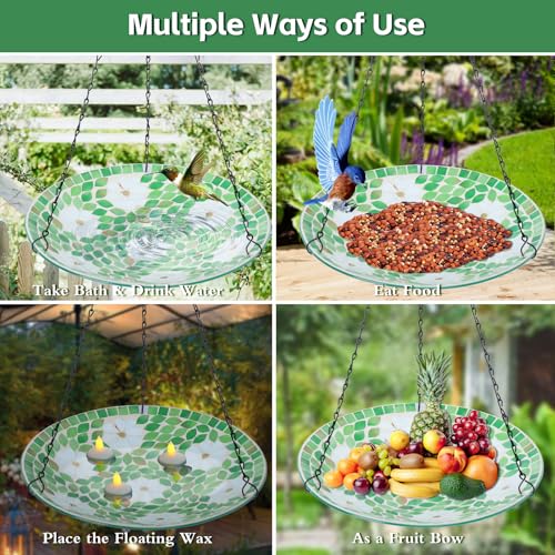 Hanging Mosaic Bird Bath Outdoor, Glass Bird Feeder for Garden Decor | 12 Inch Mosaic Hanging Birdbath for Outdoors, Glass Bird Water Bowl Flower Leaf Feeders for Outside, Garden, Lawn Yard Decor