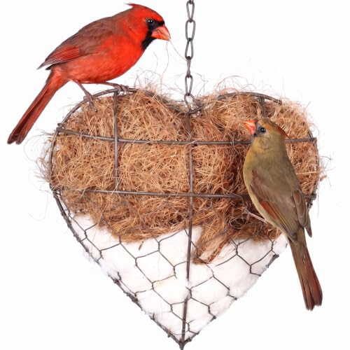 Bird Nesting Material Holder, Heart Shaped Hanging Bird Nesting Material for Wild Birds with Natural Cotton & Coconut Fiber, Cottagecore Garden Decor - style: BigHeart Style