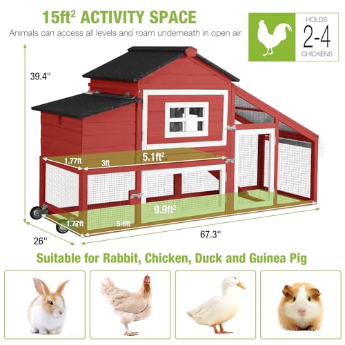 GUTINNEEN Chicken Coop Mobile Chicken House On Wheel Outdoor Rabbit Hutch for 2-4 Chickens 67"(Red) - color: Red