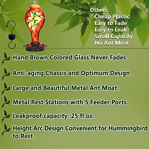 LUJII Hummingbird Feeder for Outdoors, Hand Blown Glass Humming Bird Feeder, Anti Fade Leakproof with 25 Ounces Nectar Capacity, Easy to Install Clean Refill, Include Hook & Ant Moat (Red) - color: Red, size: Small