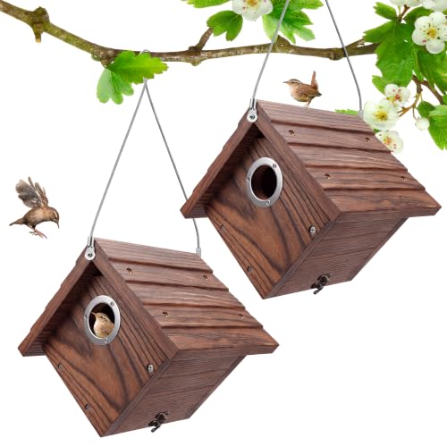Dreyoo 2 Pack Wren House, 1-1/8'' Entrance Hole Hanging Wooden Wren Bird Houses for Outside with Metal Guard, Air Vents, Pine Wood for Chickadees (Burnt Wood Color) - color: Burnt Wood Color