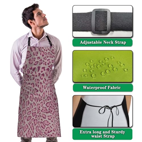 Chef Apron for Men Pink Leopard Funny Aprons for Women for Kitchen Cooking Restaurant BBQ Painting Crafting 27” (W) x 31” (H), Waterproof Aprons - color: Pink Leopard