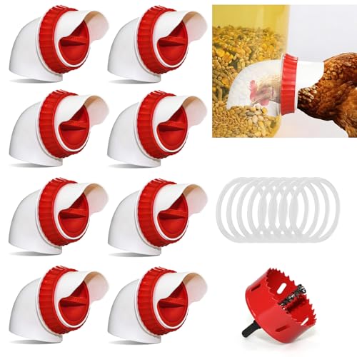 8PACK No Waste Chicken Feeder Ports, Chicken Feeder Cups for Bucket | DIY Chicken Feeder Kit with Hole Saw,Barrels,Bins,Troughs - size: 8 port with holesaw