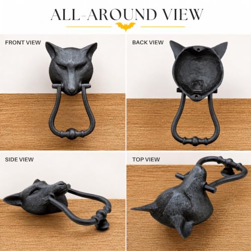 Renovators Supply Manufacturing Door Knockers for Front Door 8.5 in. Black Cast Iron Fox Head Shaped Door Knocker with Mounting Hardware - color: Black Fox head