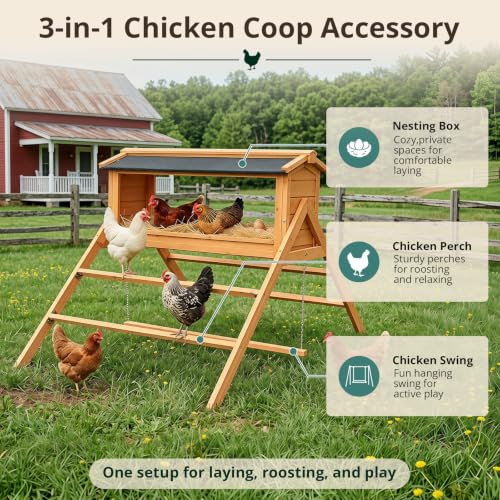 Yafylly Chicken Roosting Bar with Nesting Box, Waterproof Roof, Perches, Ladder & Adjustable Swing, 3-in-1 Chicken Perch Set for Coop, Indoor Outdoor Playground Accessories for 5-8 Chickens