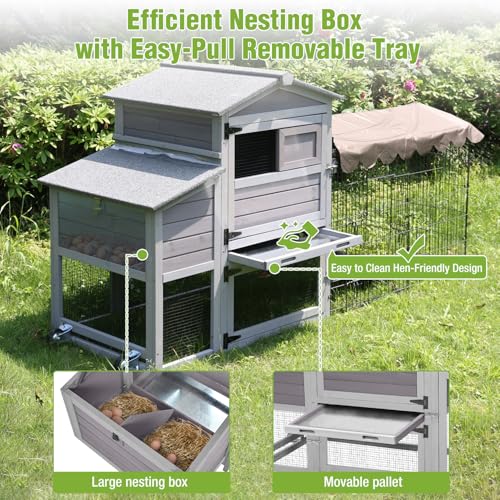 GUTINNEEN Large Wooden Chicken Coop with Run for 4–6 Chickens, Outdoor Chicken House with Wheels, Nesting Box & Removable Tray, Waterproof Asphalt Roof, Steel Frame Poultry Cage - size: 79.1"L x 25.2"W x 43.6"H