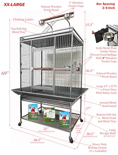 Extra Large Elegant and Durable Wrought Iron Climbing Ladder Perch Stand Play Top Ground Bird Parrot Metal Cage Around Seed Guard Storage Shelf with Heavy Duty Lockable Rolling Wheels - size: 32" x 23" x 69"H