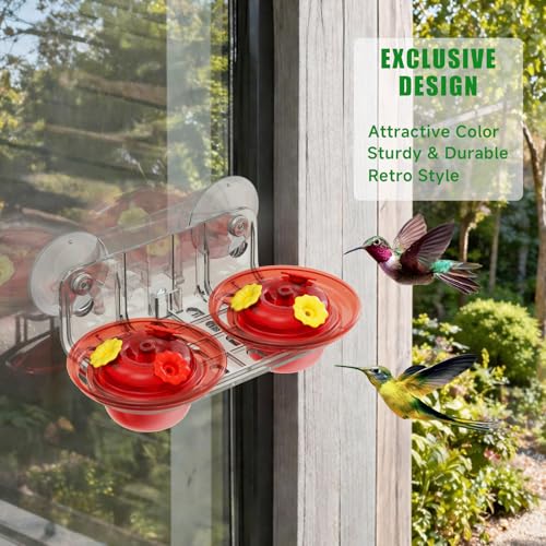 Window Hummingbird Feeder with Strong Suction Cups, 2 Pack 2.6 oz Small Hummingbird Feeder for Outside Window, Easy to Clean & Refill, Bee Resistant Feeding Ports for Bird Watching (Red)