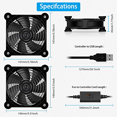 2Pack 140mm Mini USB Fan Computer Fan Multi-Speed Control, Reduction Heat for Router, Game Console, TV Box, Recipient, Modem, DVR, Playstation, AV-Cabin - color: 2 Pack