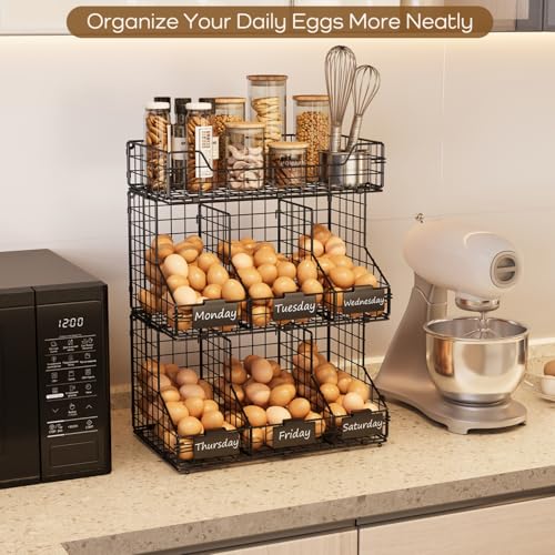 Egg Holder Countertop, 3-Tier Egg Rack, Stackable Wire Baskets | 3 iron baskets; 7 labels; 4 adjustable dividers; stackable or wall mounted - color: Black