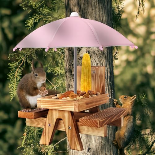 Gnodary Squirrel Feeder with Umbrella, Squirrel Feeders for Outside, Squirrel Picnic Table Feeder - Chipmunk Feeder Hold Corn, Corn Cob, Peanuts (Pink) - color: Pink