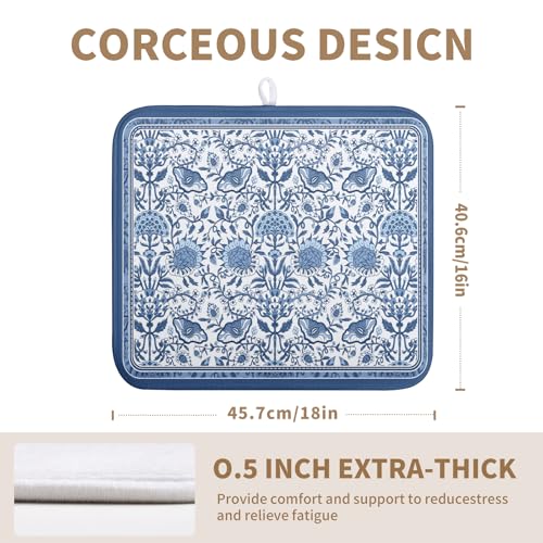 Blue Floral Dish Drying Mat for Kitchen Counter Boho Flowers Dishes Drainer Mats Rustic Farmhouse Microfiber Absorbent Dish Draining Spring Summer Reversible Dish Rack Pad 16x18 Inch - color: Blue Floral, size: 16" x 18"
