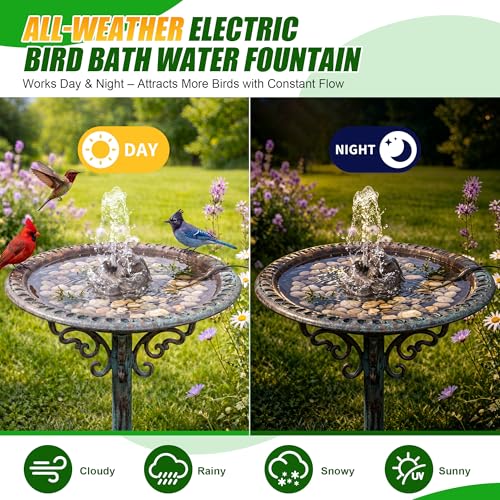 All Weather Electric Bird Bath Fountain, 8W Water Pump Resin Granite Rock | 2 Nozzles and 3 Adjustable Flow Modes, IPX8 Waterproof Outdoor Fountain Pump for Bird, Birdbath, Fish Tank, Ponds