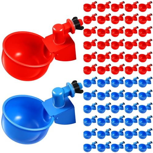 Tanlade 50 Pcs Automatic Chicken Waterer Cups Chicken Feeder for PVC Pipe Waterer Kit for Poultry Duck Goose Turkey Bunny (Red,Blue,Classic) - color: Red,Blue