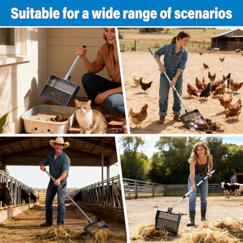 2-in-1 Chicken Poop Scooper & Rake 12-Inch Large Metal Shovel Head Adjustable Stainless Steel Handle (24 to 64") Litter Sifting Shovel Cleaning Tools for Chicken Run, Animal Farm (Black) - color: Black