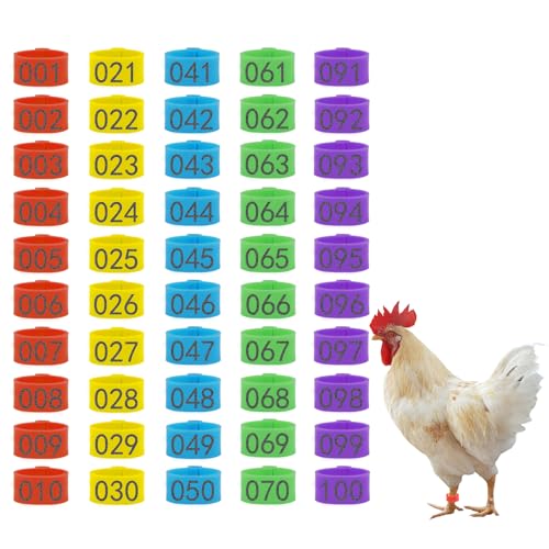 100Pcs Chicken Leg Rings with 5 Color, 16mm Numbered Chicken Identification Leg Bands Clip Poultry Ankle Bands for Bantam, Duck, Guinea and Medium Birds - size: 16mm