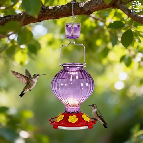 Glass Hummingbird Feeder for Outdoors Hanging, 38 oz Nectar Capacity, 6 Feeding Ports, Leak-Proof Rust-Free Plastic Base, Easy to Refill & Clean, Decorative Purple Glass Bird Feeder for Garden Patio - color: Purple, size: 38 Fluid Ounces
